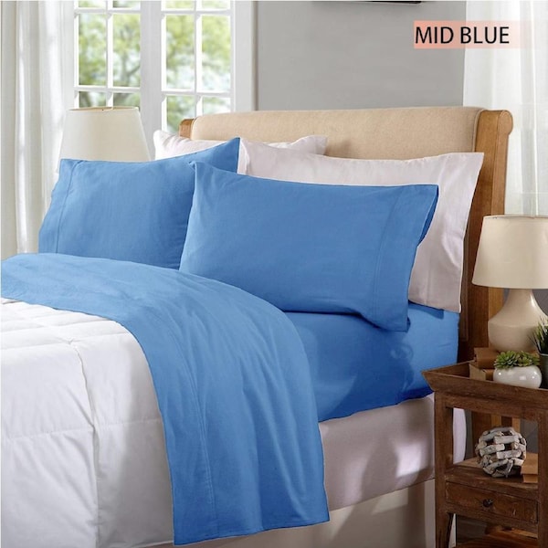 100% Egyptian Cotton Mid Blue Flannelette Sheet Set